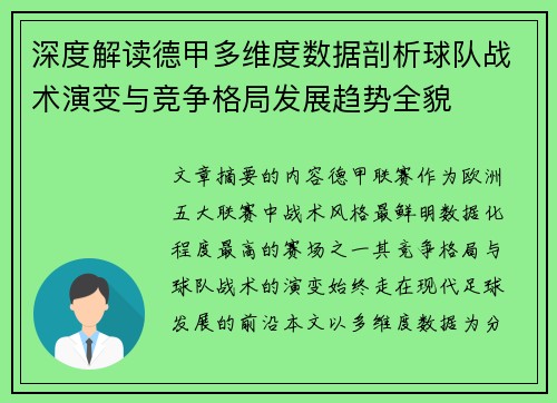 深度解读德甲多维度数据剖析球队战术演变与竞争格局发展趋势全貌 深度解读德甲多维度数据剖析球队战术演变与竞争格局发展趋势全貌